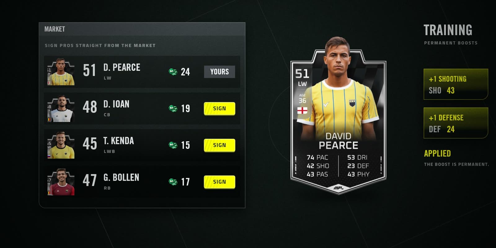 Building your squad: signing from the market and applying training boosts