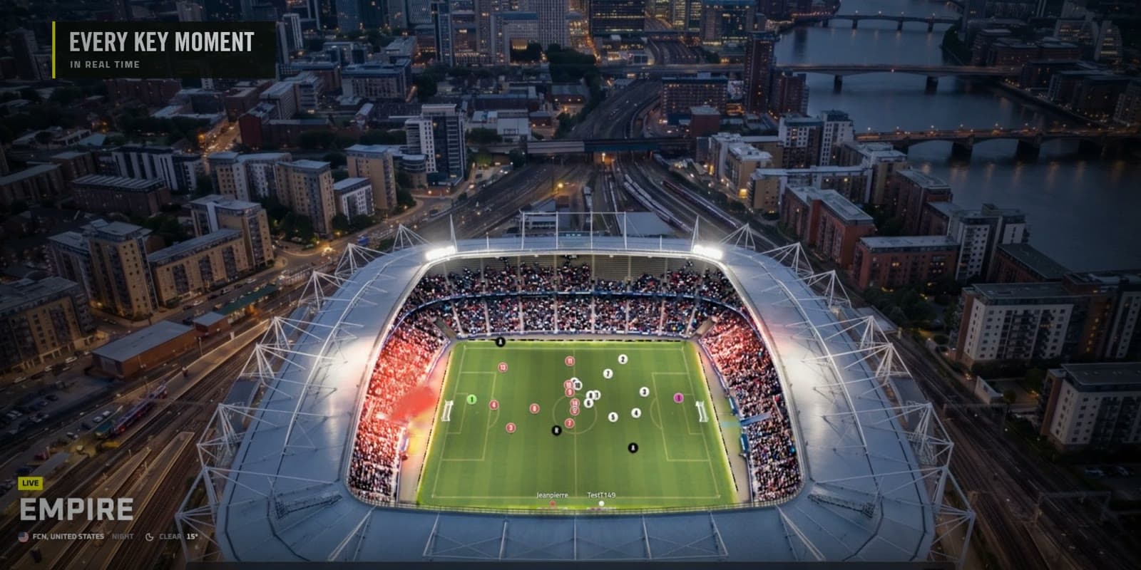 An Arena stadium at night, floodlights on and flares in the stands