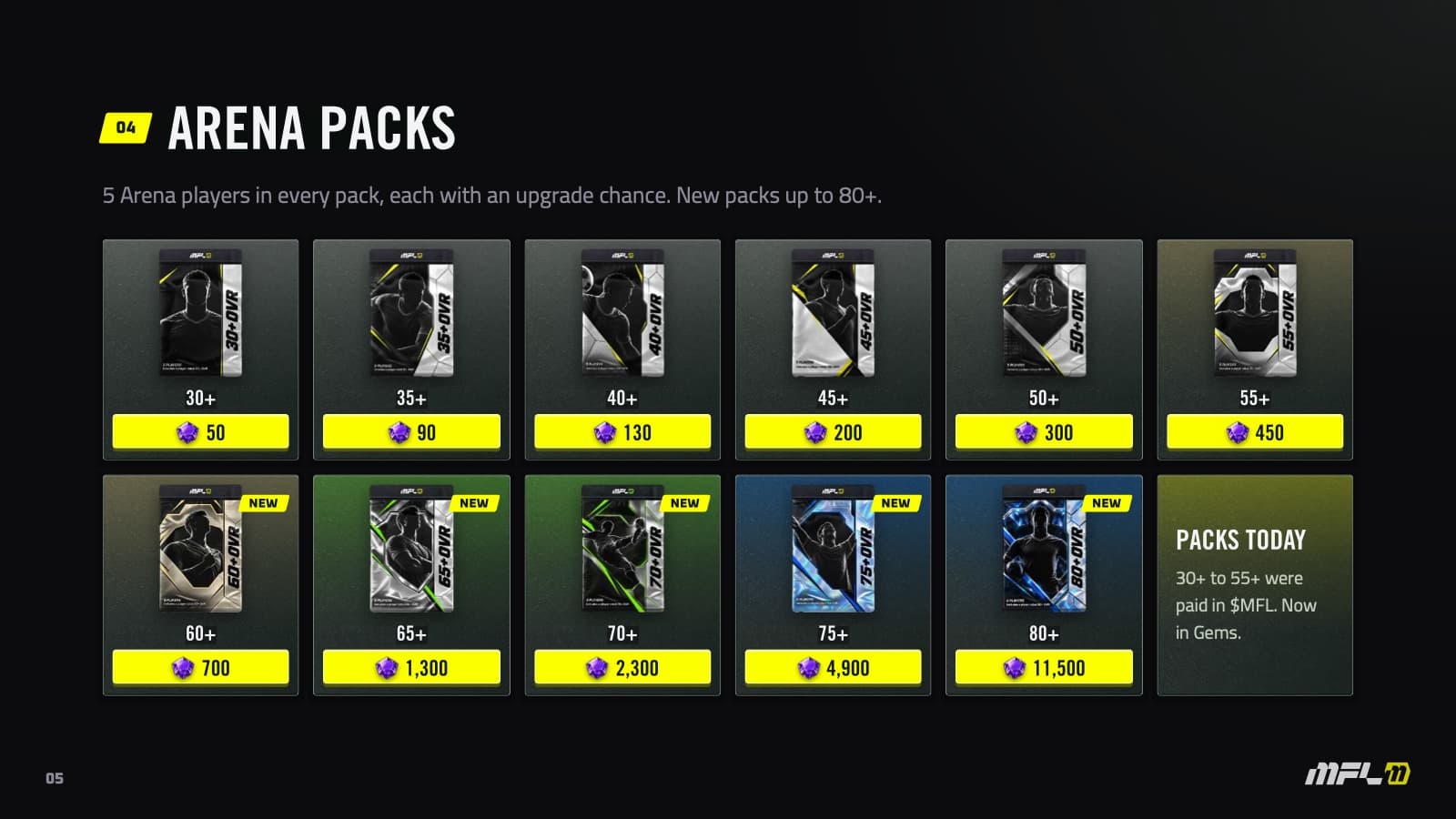 Arena packs from 30+ to 80+, priced in Gems